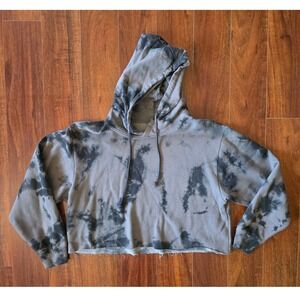 J.o&co Womens Grey Tie Dye Cropped Hoodie Raw Hem Pullover Sweatshirt Medium